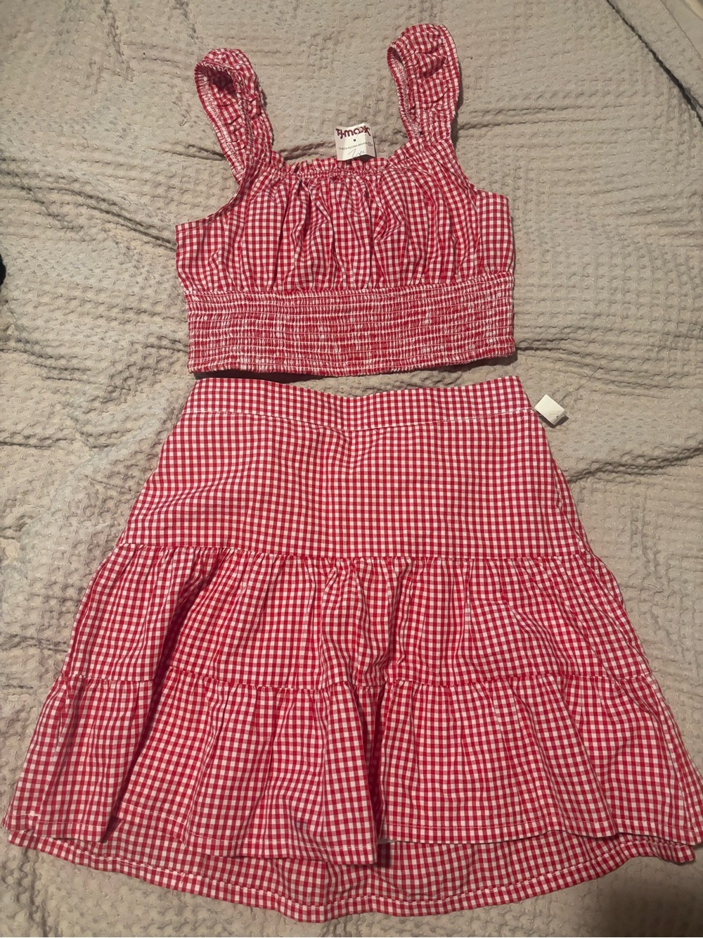 Red & White Gingham Two-Piece Crop Top and Skirt Set